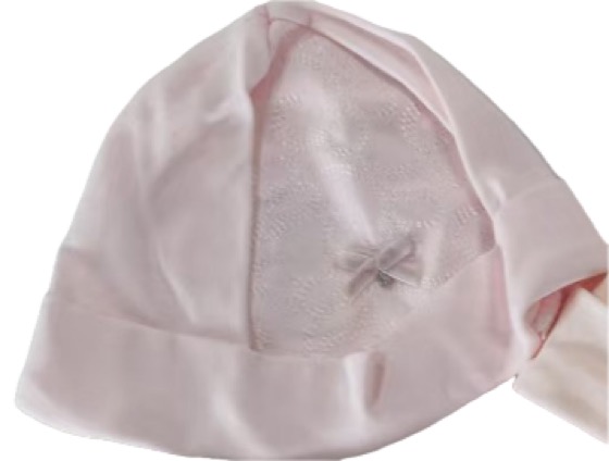 Pink baby hat with lace panel and bow