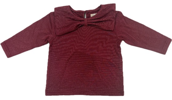 Burgundy sparkly long-sleeve top with bow collar