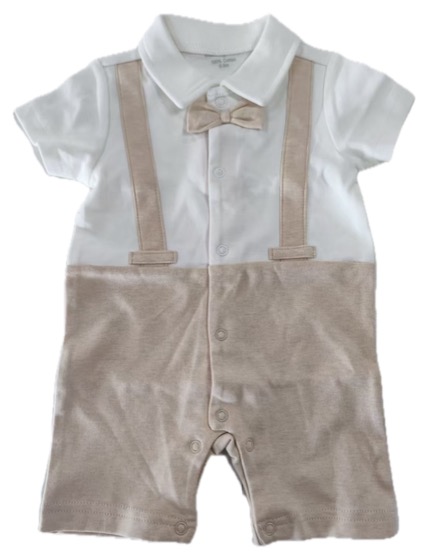 White and beige romper with bow tie and mock suspenders