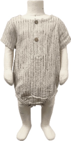 Cream knit short-sleeve baby bubble romper on mannequin