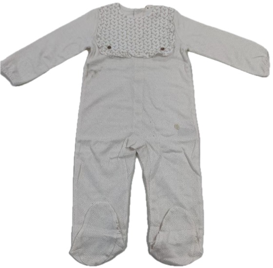 White footed sleepsuit with ruffled printed bib panel