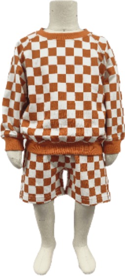 Orange checkerboard sweatshirt and shorts set on mannequin