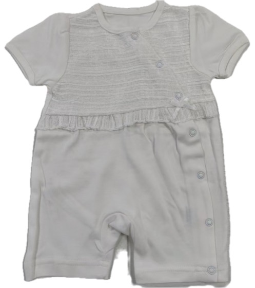 White short-sleeve romper with textured wrap bodice