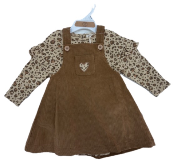Leopard print top with brown corduroy pinafore dress