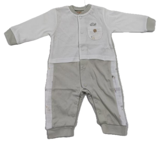 White and grey button-front baby coverall romper