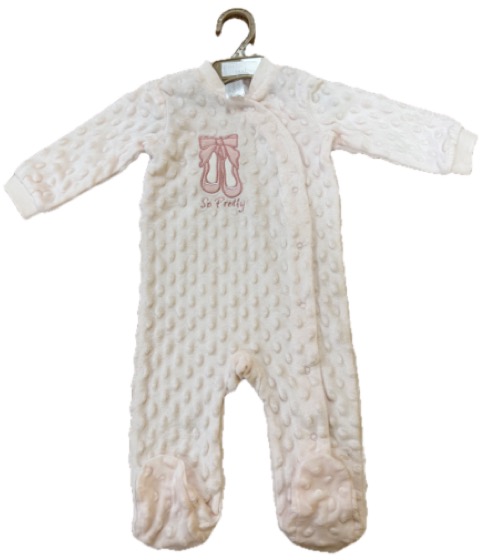 Pink bubble fleece footed sleepsuit, ballet slipper embroidery