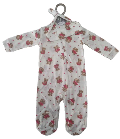 Teddy bear print footed sleepsuit with matching hat