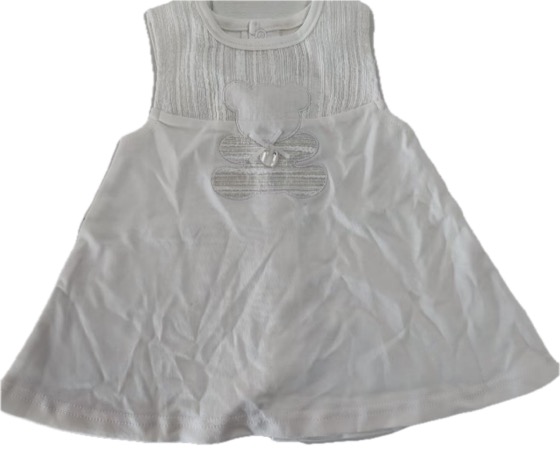 White sleeveless baby dress with teddy bear applique