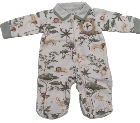 Safari lion print footed sleepsuit with collar and zip