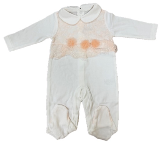 White footed sleepsuit with peach lace and pompoms