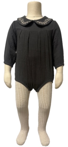 Dark grey long-sleeve bubble romper with embroidered collar