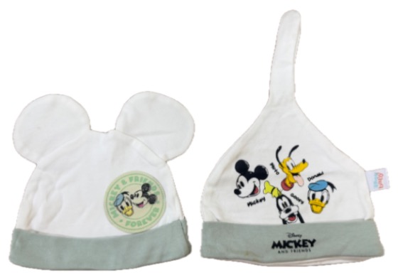 Two Mickey and Friends baby hats, one with ears