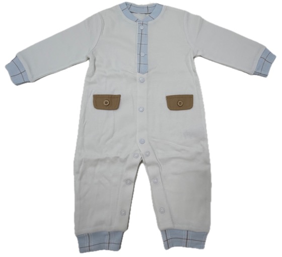 White footless sleepsuit with blue plaid trim and pockets