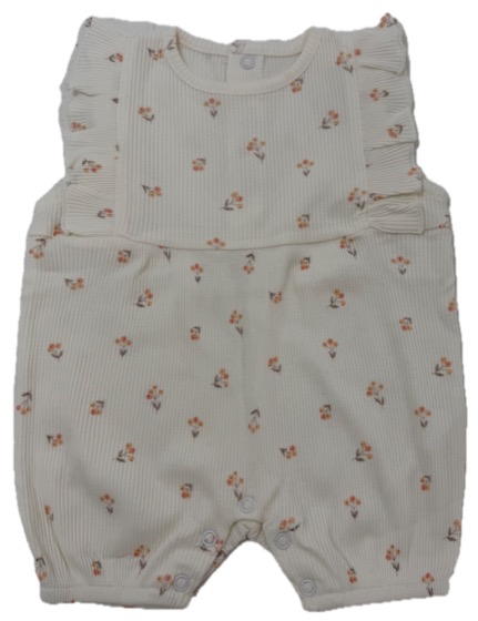 Cream ribbed floral short romper with ruffle trim
