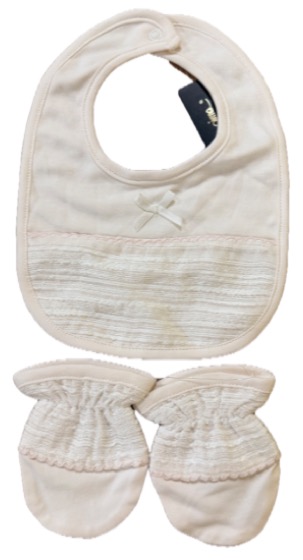 Pink lace-trim baby bib and scratch mittens set
