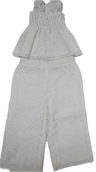 White eyelet lace cami and wide-leg trousers set