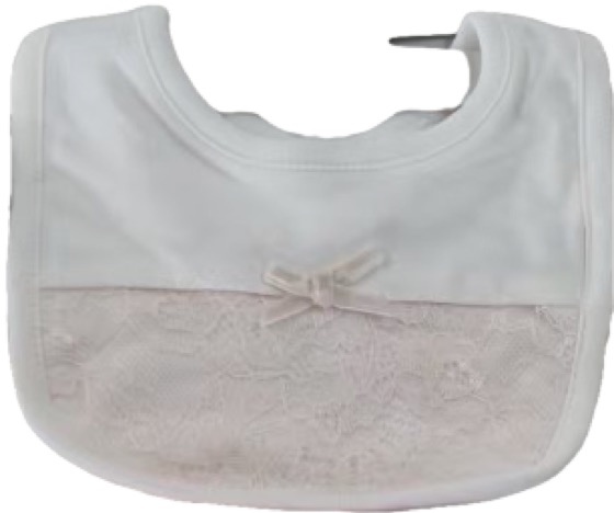 White baby bib with pink lace panel and bow