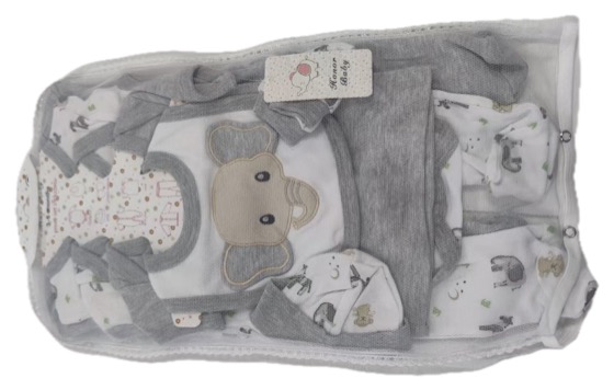 Grey and white newborn layette gift set, elephant motif