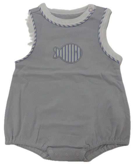 Grey sleeveless bubble bodysuit with striped fish applique