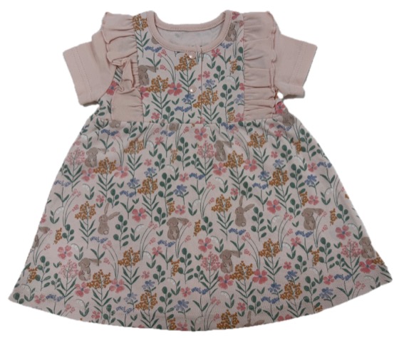 Pink floral bunny-print baby dress with ruffled shoulders