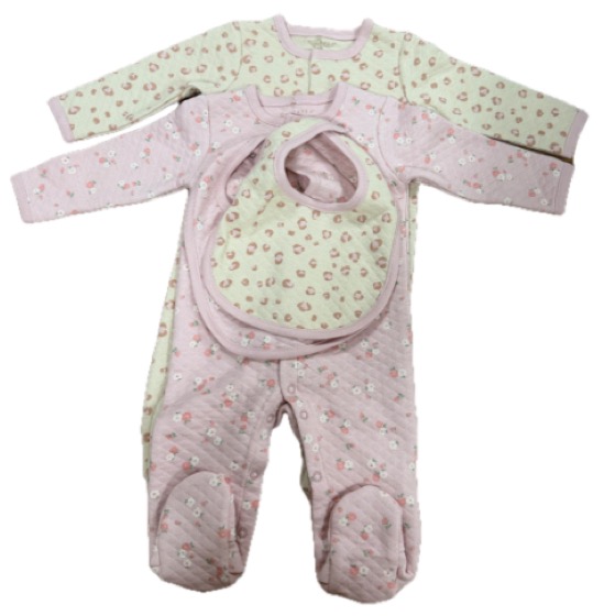 Two floral footed sleepsuits with matching bib