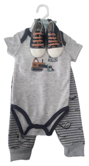 Grey dinosaur-print bodysuit and pants set with sneakers