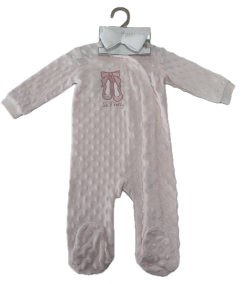 Pink bubble-textured footed sleepsuit with ballet slipper motif, headband