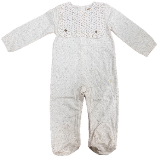 Cream footed sleepsuit with printed ruffle bib front