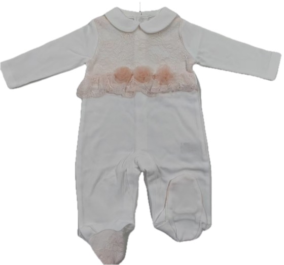 White footed sleepsuit with peach lace collar and rosettes