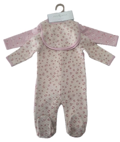 Pink floral footed sleepsuit with matching hat on hanger