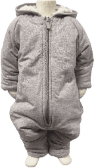 Grey hooded zip-up padded pramsuit on mannequin