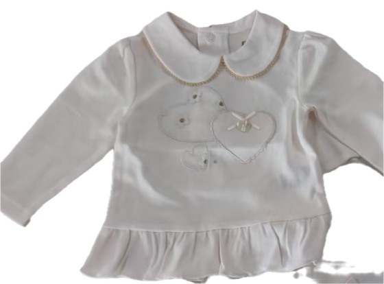 White long-sleeve baby top, Peter Pan collar, heart applique