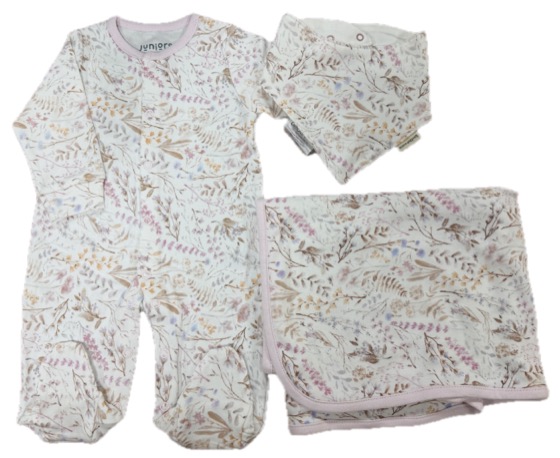 Floral footed sleepsuit set with bandana bib and blanket