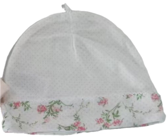 White baby hat with floral trim, accessory