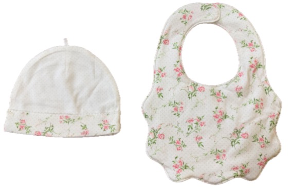 Floral baby hat and bib set, accessories
