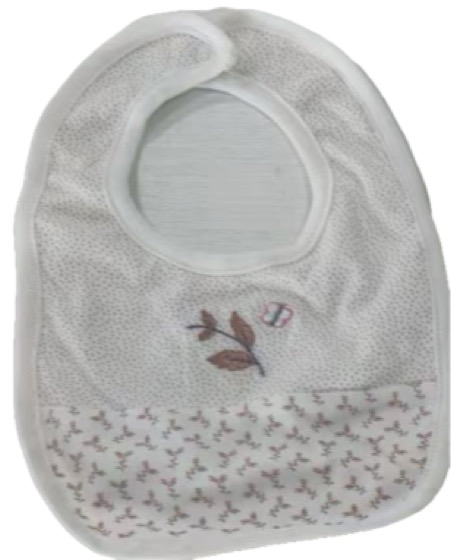 White baby bib with floral print and leaf embroidery