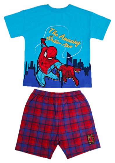 blue Spider-Man tee with red plaid shorts set