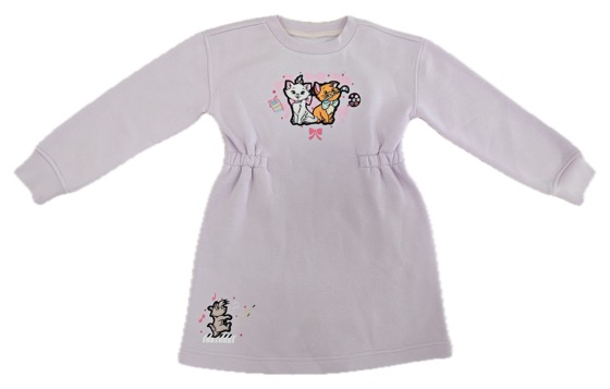 lilac fleece top with kitten print, shirred waist