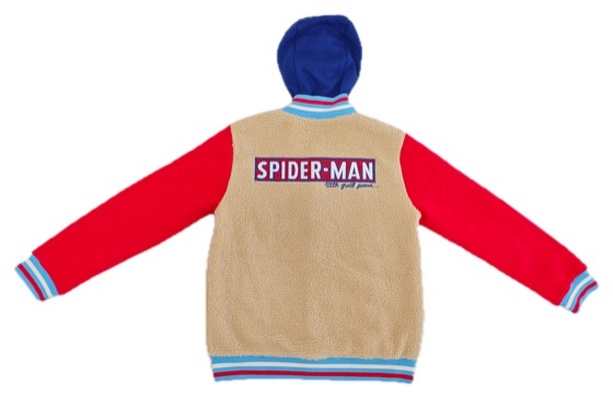 tan sherpa Spider-Man hoodie jacket, back view