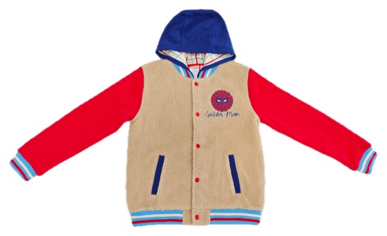tan sherpa Spider-Man varsity hoodie, red sleeves