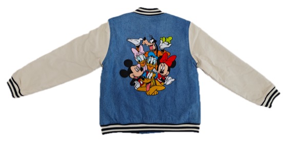 blue denim varsity jacket, Mickey & Friends back embroidery