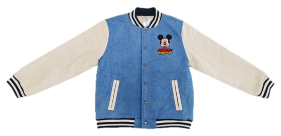 blue denim varsity jacket with Mickey & Friends chest patch