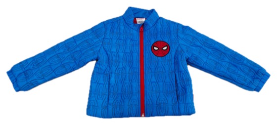 blue quilted Spider-Man zip-up jacket with web texture