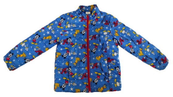 blue padded jacket, all-over Mickey Mouse and stars print