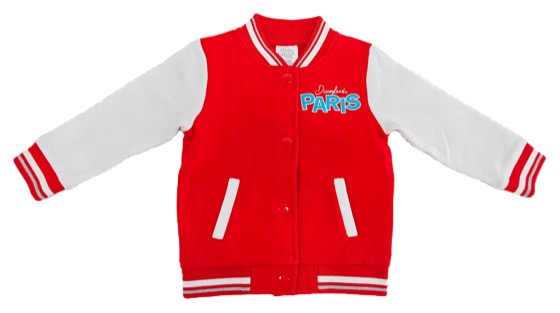 red/white Disneyland Paris snap-front varsity jacket