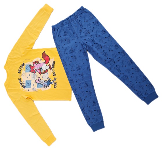 yellow Zootopia top with blue printed joggers pyjama set