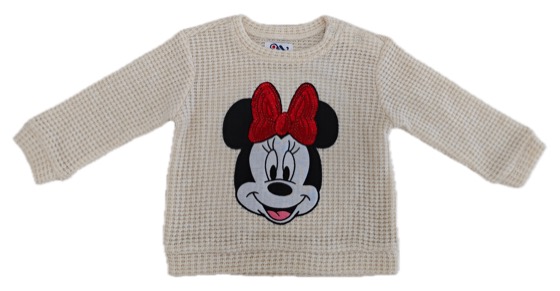 cream waffle-knit Minnie Mouse sweatshirt with red sequin bow