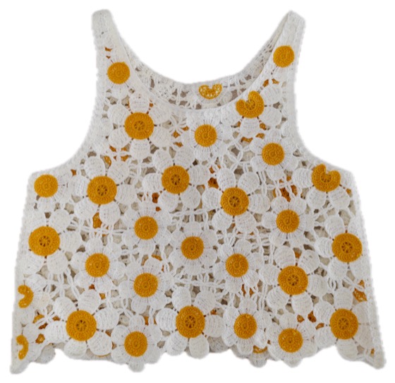 white crochet daisy sleeveless top with yellow centres