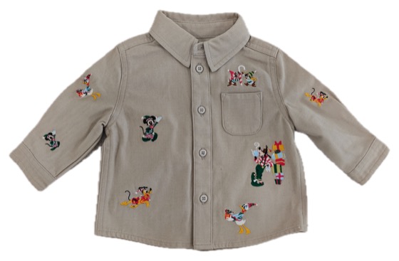 beige button-up baby shirt, embroidered Disney Christmas characters