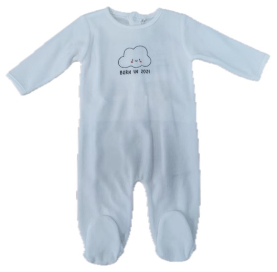 white footed sleepsuit with Born in 2021 print